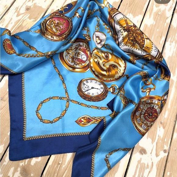 Accessories - Vintage-Inspired Silk-Feel Scarf – Teal & Gold Ornate Timepiece Print